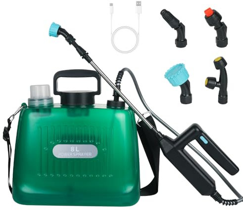 CALISTOUK Pulverizador Eléctrico 8 litros Pulverizador de Jardín, Pulverizadores Inalámbricos con Boquillas Regulable USB Recargable para Jardín