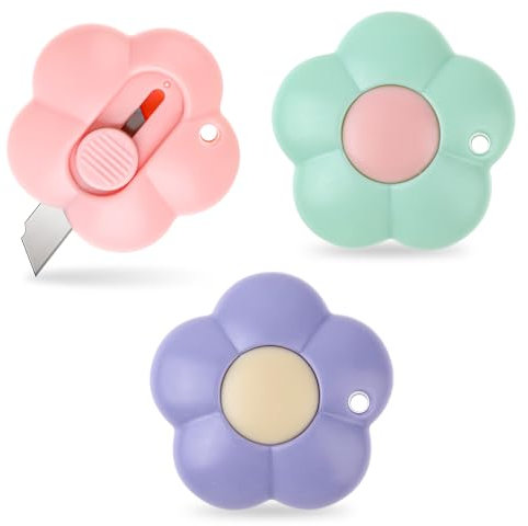 Cute Retractable Box Cutters Flower Shaped Mini Box Cutters Utility Knives Art Cutter Package Opener Tool Cute Box Opener for Office, Home, DIY Crafts (Purple&Green&Pink)