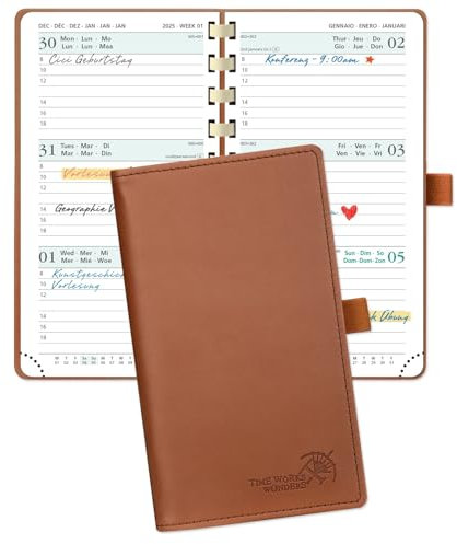 POPRUN Taschenkalender 2025 Klein 16,5 x 9 cm (Jan.2025-Dez.2025) - Kalender 2025 Klein Ringbuch mit Softcover - Terminplaner, Planer 1 Woche 2 Seite mit Kartenschlitz - Braun