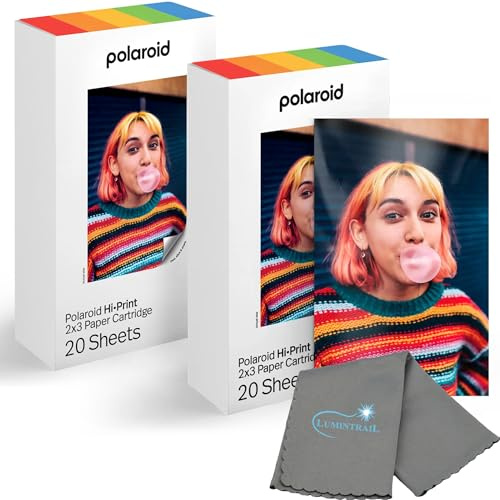 Polaroid Hi Print 5,1 x 7,6 cm Papierpatrone, abziehen und aufkleben, 2 Stück (40 Fotos) mit einem Lumintrail Mikrofaser-Reinigungstuch