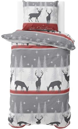 LINKHOFF Biber Bettwäsche 135x200 - Weihnachtsbettwäsche Cozy Christmas - 2tlg. Winterbettwäsche in Rot Grau - 100% Baumwolle - Weihnachts Bettwäsche Hirsch