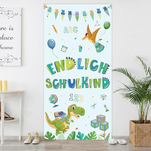 HAKOTOM Schulkind Tür Banner Einschulung Dinosaurier Hintergrund 180x90cm Schuleinführung Partysbanner Dino Schulanfang Tür Veranda ABC Party Banner Deko für Jungen Mädchen Schultag Schulstart
