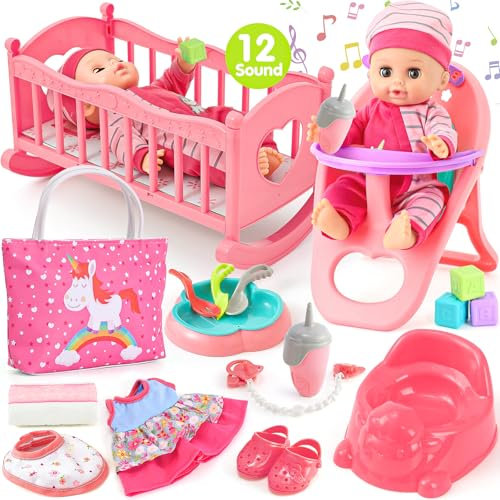 Kit Accessoire Bebe pour Poupon, 30cm Poupon Interactif ave Son, Couche, Sac de Langer Poupées Accessoires et Biberon Pot, Vêtements pour Poupée Anniversaire Jouets Cadeau Fille Enfant 2 3 4 5 6 Ans