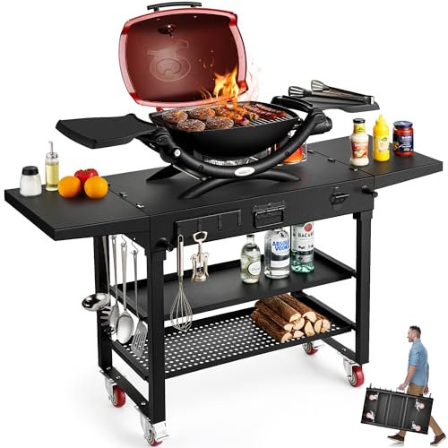 Outdoor-Grilltisch, Grillständer, Grillvorbereitungstisch mit Rädern und Gewürztablett, universeller Grillwagen lässt sich schnell flach zusammenklappen, Ninja-Grillständer