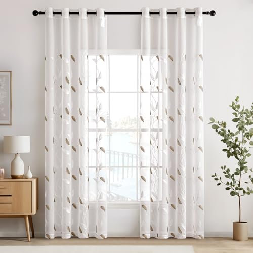 EMEMA Voile Vorhang Wohnzimmer mit Ösen Transparente Blätter Muster Schöne Stickerei Gardinen Fenster Vorhang 2er Set Modern Schlafzimmer Vorhänge Jeder H 225 X B 140 cm Blätter Braun
