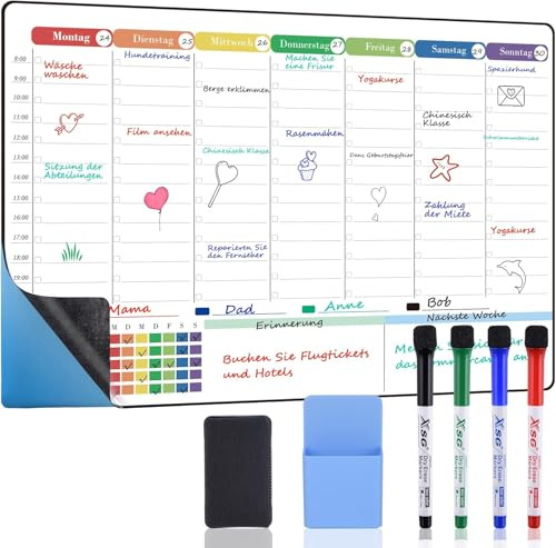 Whiteboard Magnetische Folie *Wochenplaner* 42x28cm Selbstklebend, Magnetfolie Weiß Abwischbar Familienplaner, Planungstafel, Monatskalender, Memoboard, Kühlschrank Planer