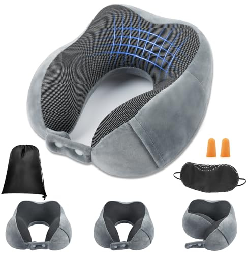 flintronic Nackenkissen Flugzeug, Reisekissen Memory Foam mit Samtweichem Bezug, für Reisen, Camping, Büro und Haus, Ergonomisches Weich Atmungsaktiv mit Ohrstöpseln, Augenmaske, Netztasche -Grau