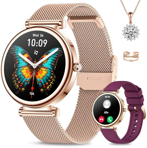 Kleine Smartwatch Damen(2Band+Halskette+Ring) 1,27 Fitnessuhr mit SpO2 Herzfrequenz Schlafmonitor Schrittzähler, Fitness Tracker mit 120+Sport Modi für iOS Android, Damen Uhr Smartwatch Rosegold