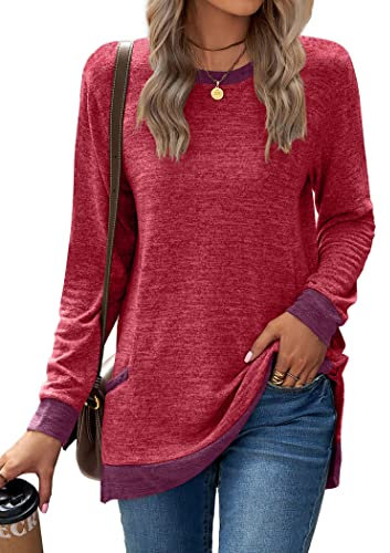 Famulily Womens Longline Tops Jumper Sweatshirt Color Block Classic Round Neck Long Sleeved Soft Cotton T Shirts with Pockets Red L