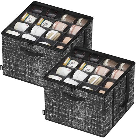 SONGMICS Set of 2 Shoe Organisers for Closet, Fits 16 Pairs Each, Shoe Storage Bins, Fabric Containers with Handles and Clear Cover, for Bedroom, Entryway, Wardrobe, Ink Black LSP602B01