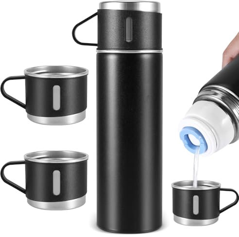FORNORM Vacuum Insulated Flask with 3 Cups, 500 ml Stainless Steel Thermo Bottle for Coffee Water Hot and Cold Drink Flasks, Gift Box (Black, 500 ML)