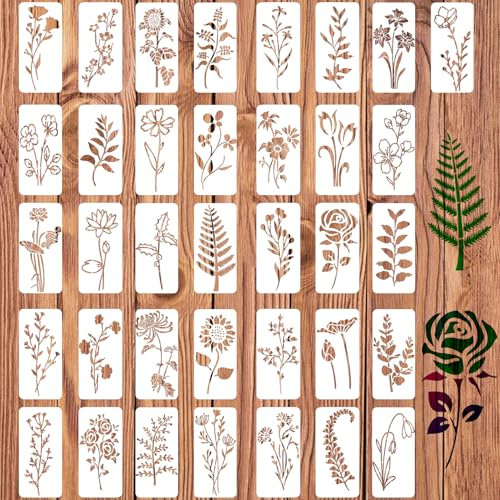 36 pièces Pochoirs de fleurs pour la peinture sur bois, pochoirs de feuilles réutilisables Pochoirs de peinture pour l'artisanat Pochoir de dessin pour la peinture sur bois, mur, meubles