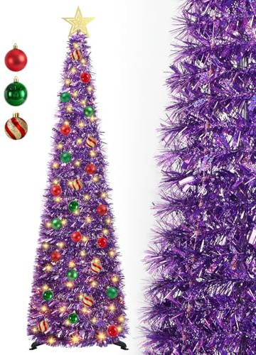 SINTENILL 5 FT Pop Up Christmas Tree with Timer Lights and Decorations, Purple Tinsel Artificial Christmas Tree with 24 Balls Ornaments, Collapsible Pencil Tree for Xmas Home Office Party Decor