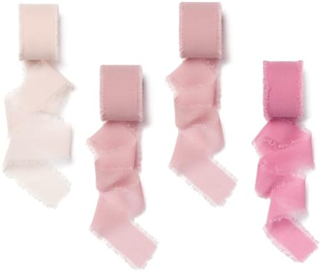 CUEMOON 4 Rotoli Nastro in chiffon adatto per regali e matrimoni, Nastro in Chiffon con Bordo Sfilacciato, 3 cm x 20m, per Inviti di Nozze, Bouquet da Sposa, Confezione Regali ,Rosa