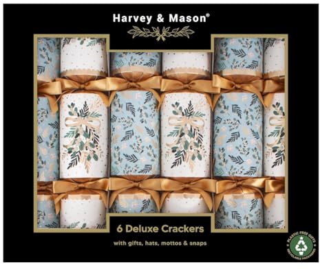 Harvey & Mason Pack of 6 Deluxe White Blue Gold Christmas Crackers - 13.5 Metallic Festive Xmas Holiday Dinner Table Decorations - Novelty Fun Prizes Gifts Contains Hats Jokes Duck Egg
