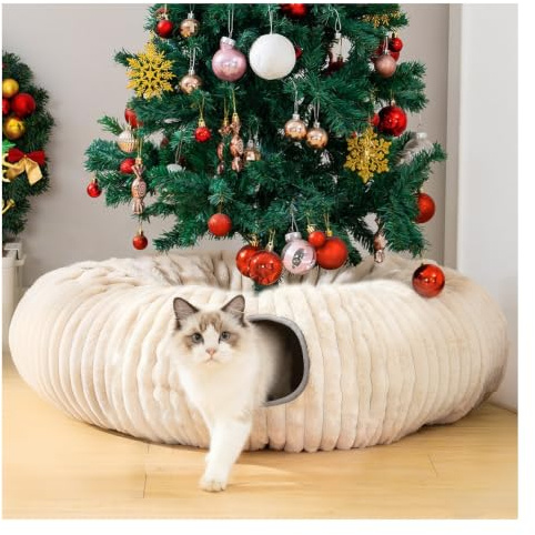 Avont Katzentunnel mit Zentralem Kissen, Weiche Katzenspielzeug Runde Multi-Function Versteck Katzenbett - Brau