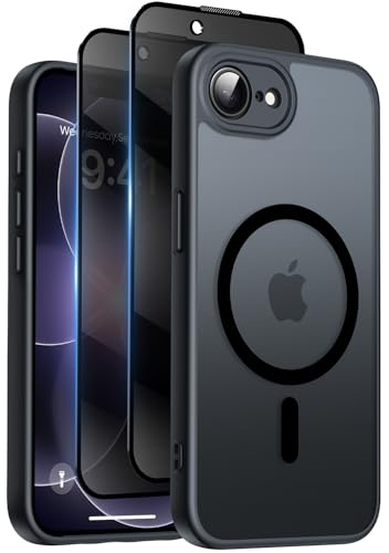 Qasyfanc for iPhone 17e/16e Case, Privacy Screen Protectors X2, Black | Compatible with MagSafe, Camera Protection, 15FT Military Drop Protection, Translucent Matte Shockproof Phone Cover