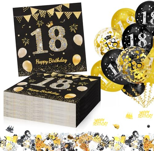 KASURE Servietten 18. Geburtstag, 60 Stück Geburtstagsdeko Servietten mit Konfetti, für Geburtstagsfeier (Schwarz Gold, 33 x 33cm)
