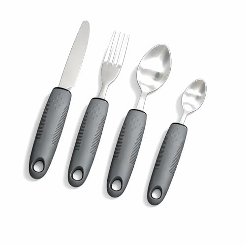 4 Teiliges Easy Grip Besteck, Senioren Besteck für Behinderte,Parkinson Rutschfeste Griffe ür Behinderte Menschen Parkinson Patienten Ältere Arthritis (Grau)1
