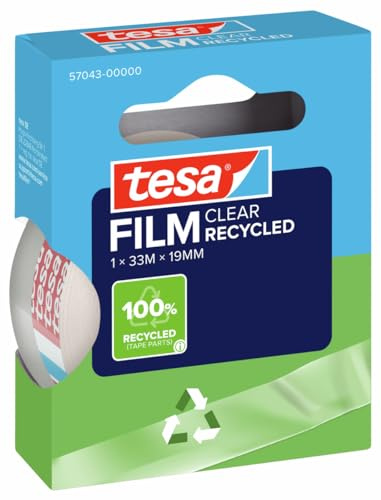 tesa tesafilm Clear Recycled Klebeband - transparent - 33 m x 19 mm | 1 Rolle reißfester Klebefilm - 100 % recycelter Kunststoff - starke Klebeleistung, lösungsmittelfrei und alterungsbeständig