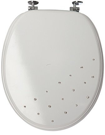 UNIVERSAL BATHROOM MODERN DIAMANTE TOILET SEAT WOODEN MDF WITH CHROME HINGES (WHITE)
