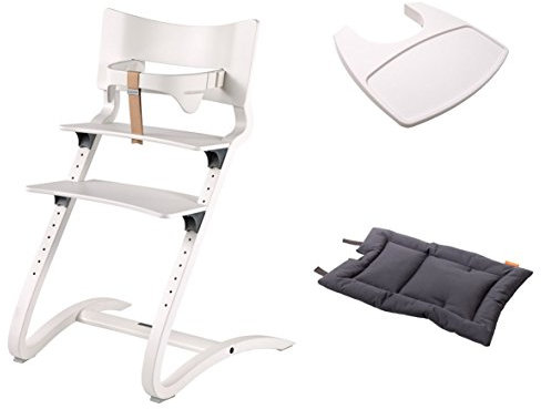 Leander Stuhl weiß - Hochstuhl - Kinderstuhl - Erwachsenenstuhl mit Babybügel + Tablett weiß + Kissen dark grey