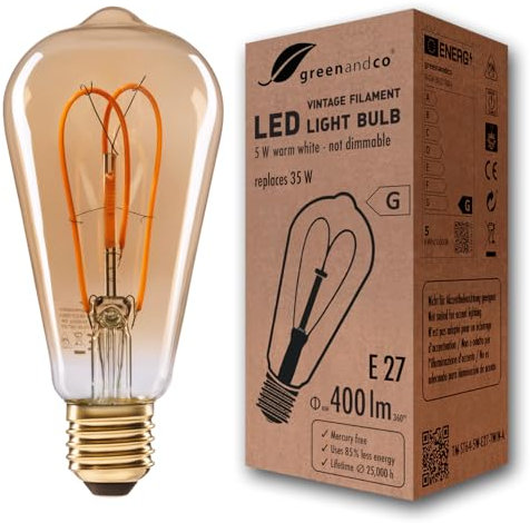 greenandco Vintage Glühfaden LED Lampe | gold | E27 ST64 | 5W 400lm | 2000K extra warmweiß | 360° | 230V | flimmerfrei | nicht dimmbar