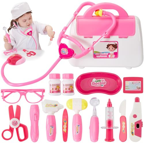 BUYGER Arztkoffer Kinder, Doktorkoffer mit Stethoskop, Spritze Medizinische Spielzeug, Doktor Spielset Rollenspiel Geschenke Mädchen Jungen (Rosa)