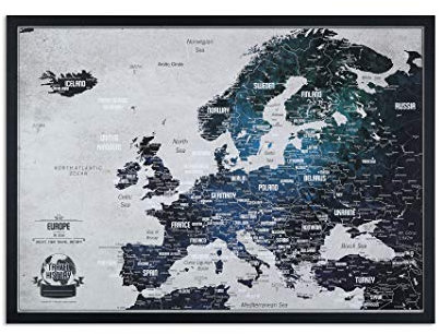 Europakarte Pinnwand mit pinen - Reisekarte mit bonus 100 Stecknadeln - Europa Pinnwand Kork - 53x3x43 cm - Gerahmte Landkarten mit Pinnadeln, Hergestellt in der EU, Die Karte ist gebrauchsfertig
