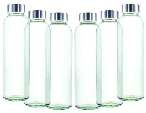 BrandPrint, Set di 6 Bottiglie in Vetro per Acqua Modello Eos 500 ml con Tappo a Vite in Acciaio Inox. Per Bevande e Succhi.