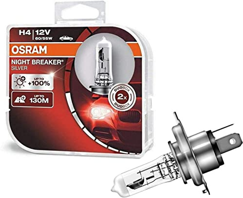2x Osra.m H4 60/55W 12V P43t Night Breaker Silver +100% 64193NBS-HCB Weiß White Ersatz Scheinwerfer Halogen Auto Lampe - E-geprüft
