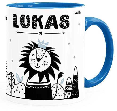 SpecialMe® Kindertasse Löwe Tiere Skandi-Stil personalisierte Namenstasse für Kinder Junge Mädchen skandinavisch Jungen inner-blau Keramik-Tasse