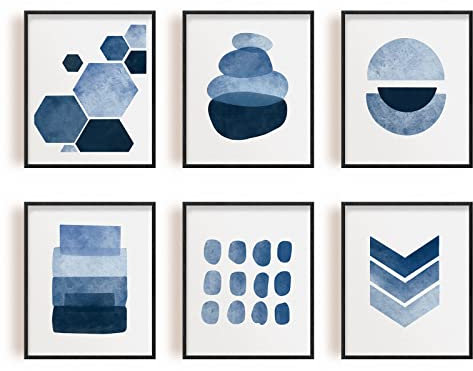 INFUNLY Set 6 Blau Abstrakt Wand Kunstdrucke Gerahmt Navy Aquarell Gemälde Boho Minimalistisch Leinwand Bilder Drucke für Wohnzimmer Zimmer Schlafzimmer Zuhause Dekoration