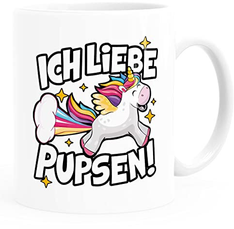 MoonWorks® Kaffee-Tasse Einhorn mit Spruch Ich liebe Pupsen Furzen Bürotasse lustige Kaffeebecher weiß Keramik-Tasse