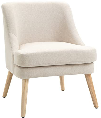 HOMCOM Sessel Loungesessel mit Leinenoptik, Armlehne, Gepolstert Relaxsessel mit Holzbeine, für Wohnzimmer, Schlafzimmer, Cremeweiß