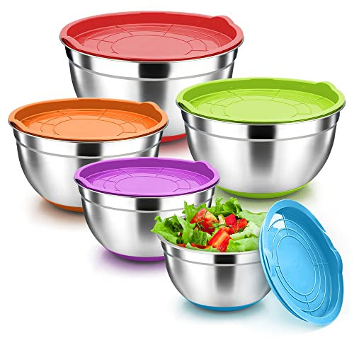 Herogo Mixing Bowl, 5-Piece Stainless Steel Salad Bowl Set with Multicolour Lid & Non-Slip Silicone Base, Ideal for Baking, Rustproof & Dishwasher Safe (4.5/2.7/1.5/1.2/0.7 L)