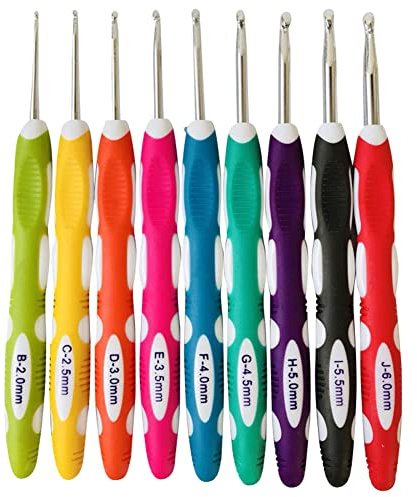Ericotry Set di 9 uncinetti ergonomici ergonomici con impugnatura morbida, ferri da maglia, per mani artritiche, dimensioni da B a J, 2,0 mm-6,0 mm