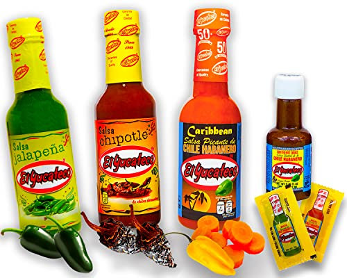 El Yucateco Scharfe Soße Set (Caribbean, Chipotle und Jalapeno) (3er Set Mix + Miniflasche)