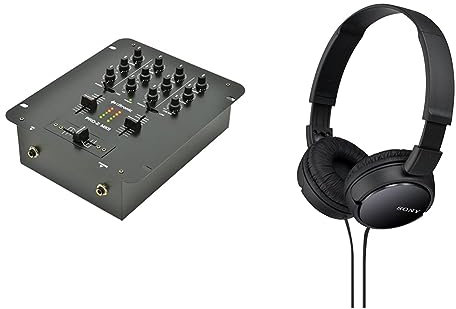 citronic PRO-2b 2 Channel DJ Mixer with 5 Inputs & Sony MDR-ZX110 Overhead Headphones - Black, BASIC, Pack of 1