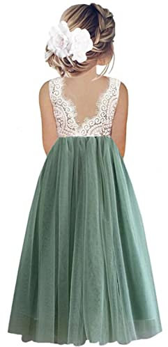Beganly Mädchen Lange Festtagskleider Lieblich ärmellos V-Rücken Kleid Spitze Maxi Tüll A-Linie Prinzessin Partykleid Blumenmädchen Kleider Salbei Grün 6 Jahre (Sage Green 130)