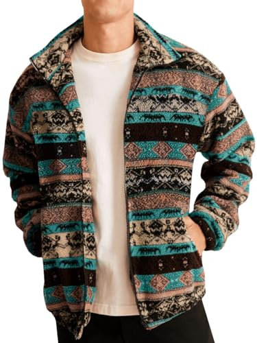 Runcati Herren-Fleece-Jacke, Aztekenmuster, flauschig, lässig, durchgehender Reißverschluss, bedruckt, Herbst, Winter, weiche Oberbekleidung mit Tasche, Braun, XL