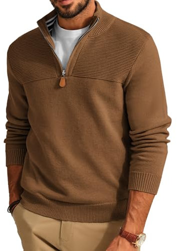 PaulJones Troyer Herren Strickpullover mit Reissverschluss Winter Pullover V Ausschnitt Braun M