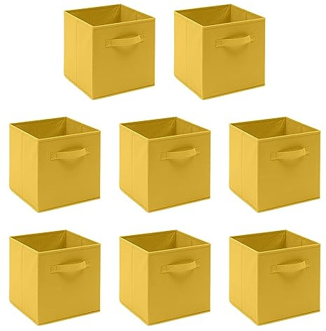 8 PCS Folding Collapsible Storage Cube Boxes for Kids Toy Clothes with Handle, Foldable Kids Canvas Unit Cube Organiser Basket Bin for Nursery Children Bedroom Wardrobe (Pack of 8, Yellow)