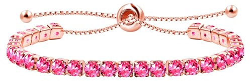 Uloveido Hot Pink Crystal Tennis Bracelet with Slider Bolo Clasp - Women's Fashion Rose Gold Plated Cubic Zirconia Addjustable Chain Bracelet Y4043