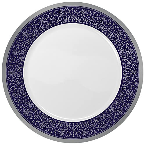 Decorline - 32 Assiettes en plastique Dur réutilisable Avec Bordure - pour 16 personnes (16x26cm & 16x18cm) - Collection Majestic - pour Anniversaires, Mariages & Fêtes - Bleu Roi/Argenté