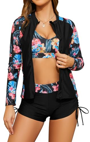SHEKINI Frauen 3-teilige Rash Guard Langarm Badeanzüge mit Kordelzug Kurz (Schwarz+Blume, Large)