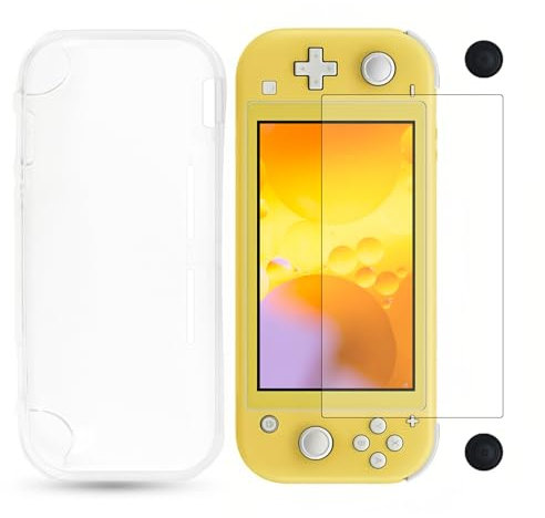 Schutzhülle für Switch Lite 2019 TPU Transparent Stoßfest und Kratzfest Hülle - Inklusive 2 Gehärtete Displayschutzfolien und 2 Thumbsticks Komplettes Schutz Set (Schwarz)