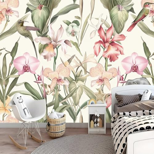Photo Murale Effet Orchidée Et Lys Plante Rétro Aquarelle Papier Peint Panoramique Tapisserie Intissé Murales Poster Décoration Murale pour chambre bureau adulte enfant Animaux Colibri 350 x 256 cm