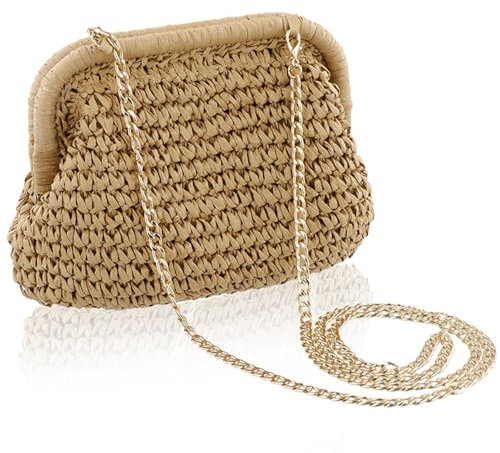 Amexo Bolso de Mano de Paja para Mujer, Bolsa de Playa de Verano, Cruzado Tejido para Vacaciones, Caqui