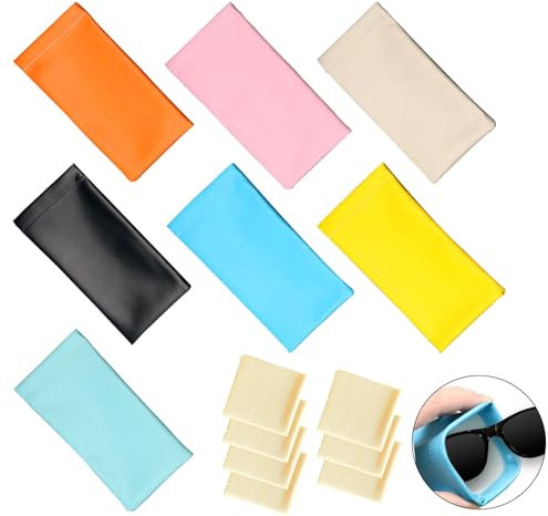 DALAETUS 7 Stück Brillenetui Weich für Frauen Set, Sonnenbrillen Beutel in Verschiedenen Farben, Squeeze Top, Tragbar, Wasserdicht - Inklusive 7 Gelben Reinigungstüchern - Leder Sonnenbrillen Etui